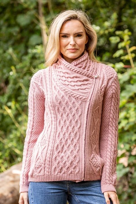 Cable Knit Side Zip Pink | The Sweater Shop