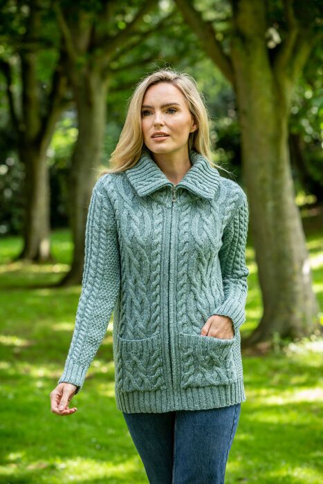 Full Zip Fitted Aran Cardigan Aqua