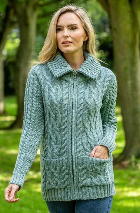 Full Zip Fitted Aran Cardigan Aqua | The Sweater Shop