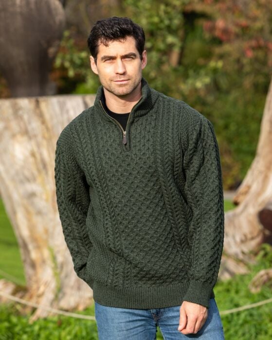 Mens Aran Half Zip Neck Sweater Green | The Sweater Shop