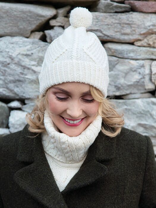 Aran Cable Knit Hat Pom Pom Oatmeal