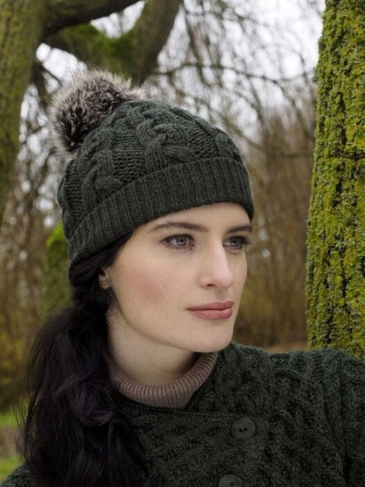 Aran Cable Knit Hat Pom Pom Green