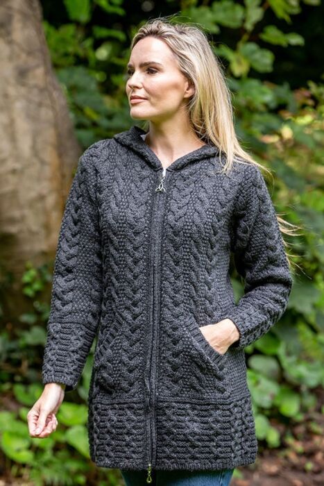 Hooded aran zipper top coat