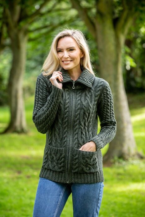 Full Zip Fitted Aran Cardigan Army green The Sweater Shop