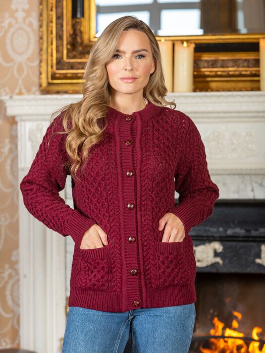 Irish Aran Cardigan Burgandy