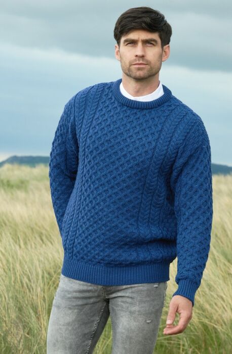 Aran Crew Neck Merino Sweater | Blue - XXL