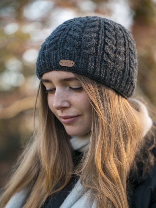 100% Wool Fully Lined Aran Pull on Hat Charcoal