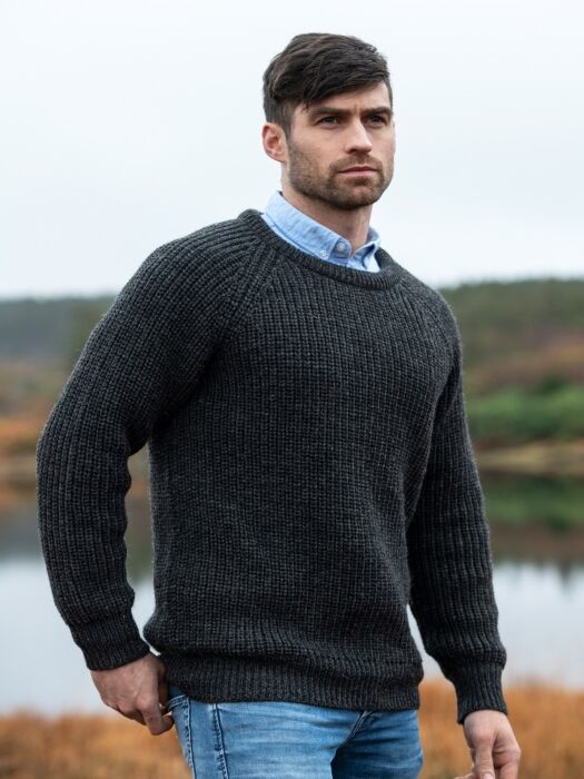 Fisherman Rib Crew Sweater Charcoal | The Sweater Shop