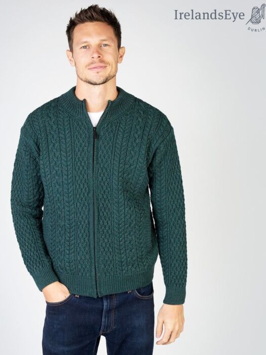 Aran Textured Zip Cardigan Evergreen