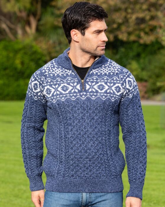 Men's Fairisle Half Zip Sweater - 100% Merino Wool