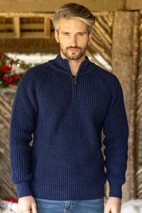 Men's Half Zip Ribbed Sweater Deep Water Blue