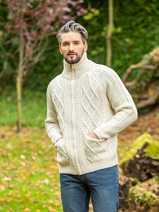 Mens Aran Handknit Full Zip Merino Wool Cardigan The Sweater Shop