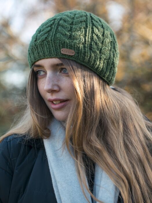 100% Wool Fully Lined Aran Pull on Hat Green