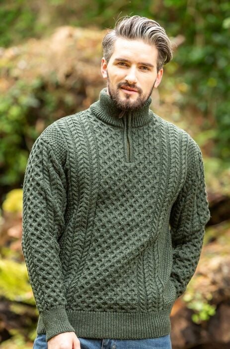 Mens Aran Half Zip Neck Sweater Green | The Sweater Shop