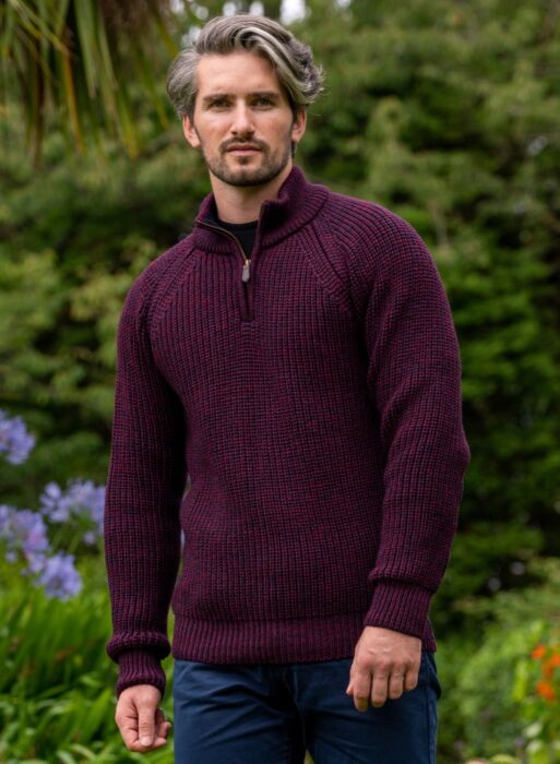 Men's half zip ribbed sweater Berry | The Sweater Shop