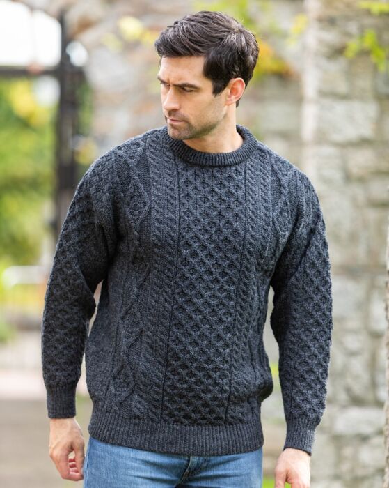 Dusky Charcoal, Pure Wool Knitted Aran Cable Zip Neck Sweater