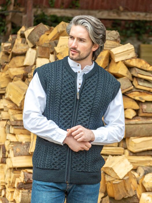 Mens Full Zip Aran Waistcoat Blackwatch