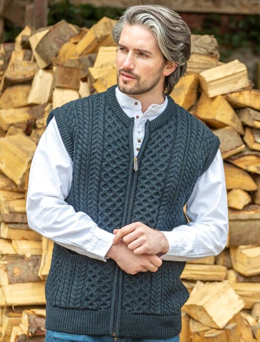 Mens Full Zip Aran Waistcoat Blackwatch