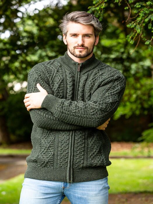 Full Zip Mens Aran Cardigan - Army Green | The Sweater Shop