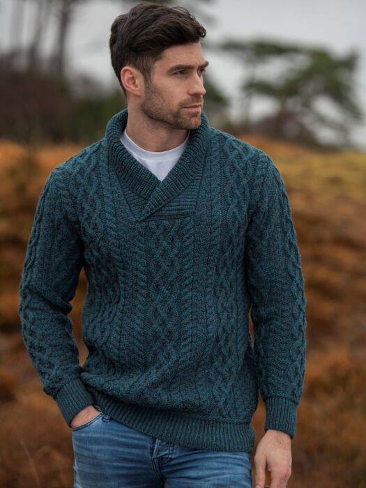 Merino Shawl Neck Sweater Peacock | The Sweater Shop