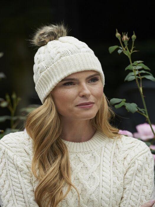 Aran Cable Knit Hat Pom Pom Natural