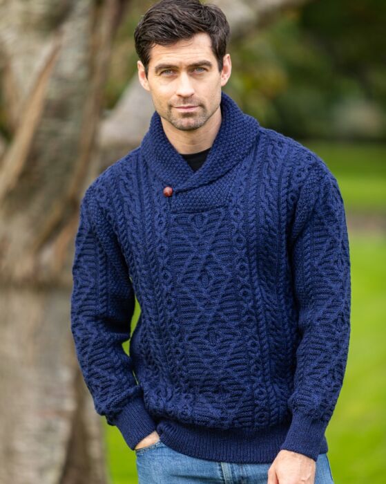 Aran Shawl Neck Sweater Deep Water Blue | The Sweater Shop