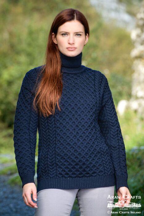 Unisex Aran Turtleneck Sweater Navy | The Sweater Shop