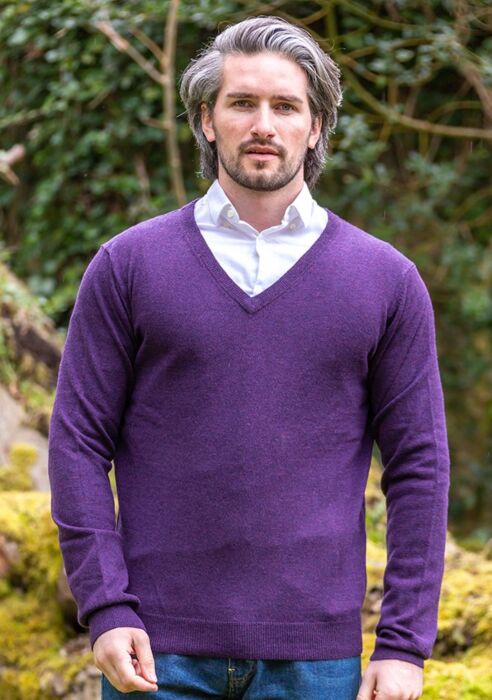 100 Lambswool V Neck Sweater Purple Wine The Sweater Shop