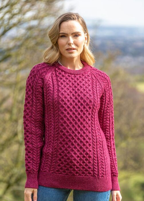 Ladies Aran Sweater Raspberry The Sweater Shop