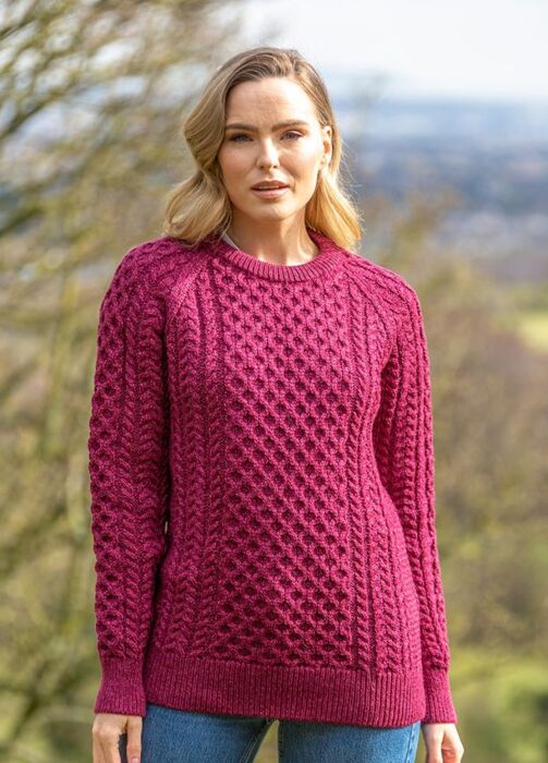 Ladies Aran Sweater Raspberry