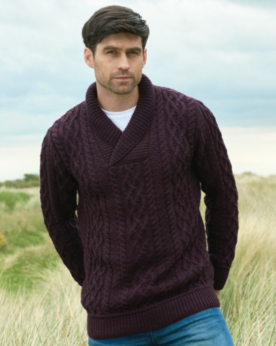 Merino Wool Shawl Neck Damson | The Sweater Shop