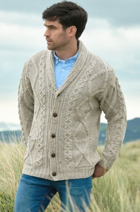 Men's Shawl Collar Aran Cable Stitch Cardigan | The Sweater Shop