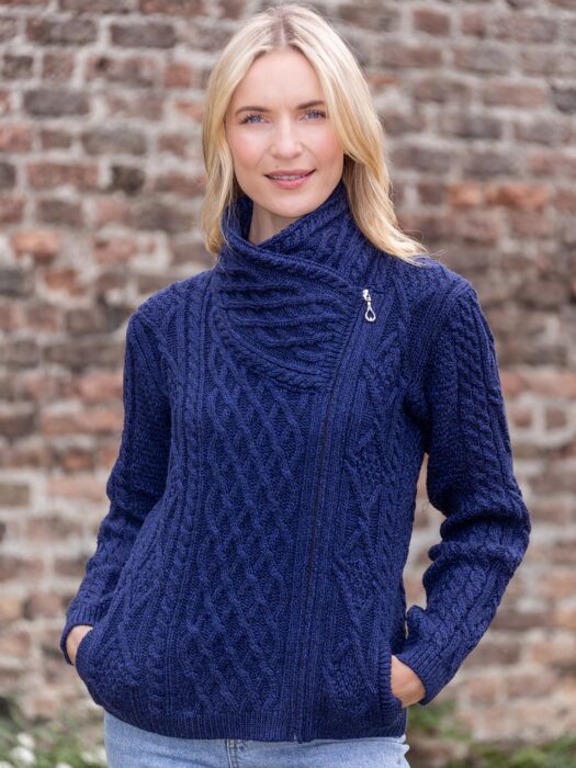 Aran Cable Knit Side Zip Deep Water Blue