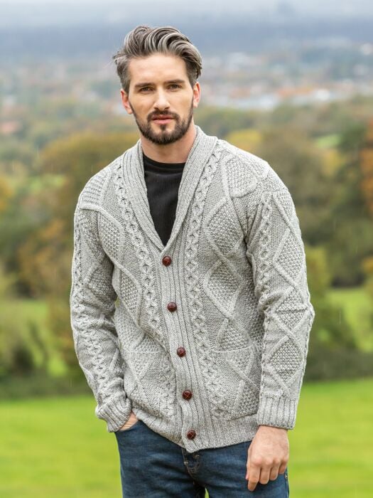 Mens V Neck Cable Knit Cardigan Silver