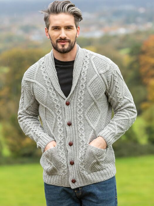 Mens V Neck Cable Knit Cardigan Silver