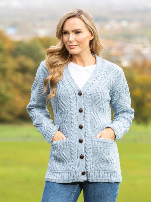 Irish Aran Boyfriend Cardigan Sky Blue | The Sweater