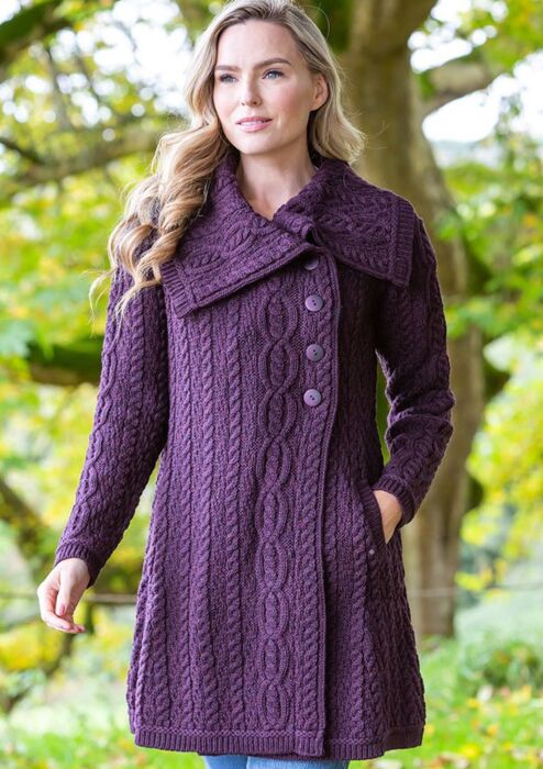 Merino Wool Aran Coatigan Purple | The Sweater Shop