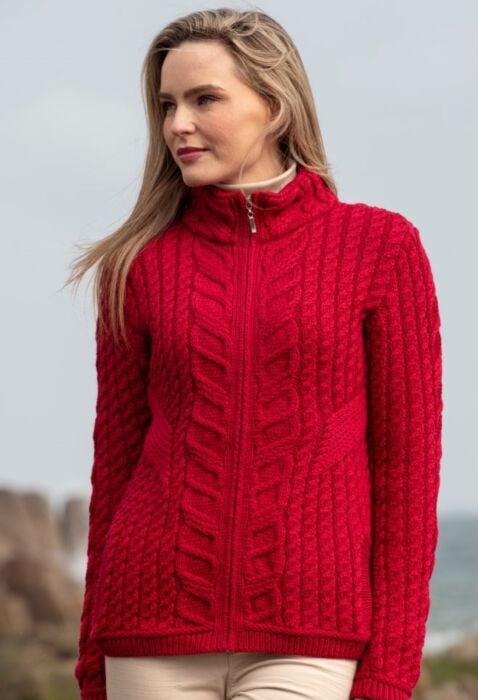 Merino Wool Zip Cardigan Cherry Red | The Sweater Shop