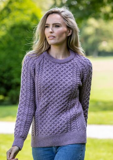 CLASSIC LADIES IRISH ARAN SWEATER PURPLE 100% MERINO WOOL