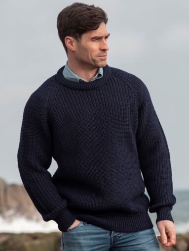 Fisherman Ribbed Crew Moss Green | The Sweater Shop