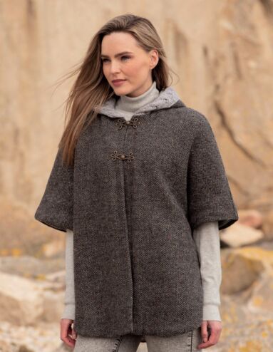 Hooded Tweed Cape - Charcoal