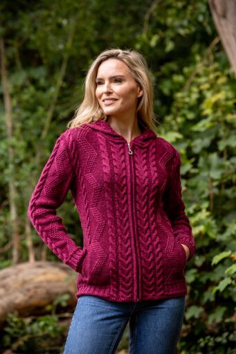 Ladies Aran Hooded Cardigan with Claddagh Zip Raspberry Marl