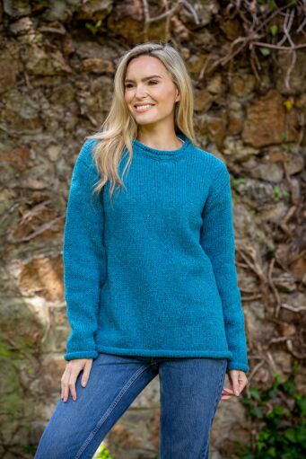 Extra Fine Merino Ladies Roll Neck Sweater Turquoise Blue