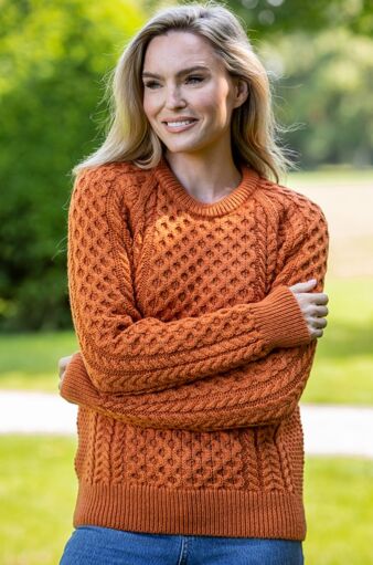 Unisex Merino Wool Aran Sweater - Orange