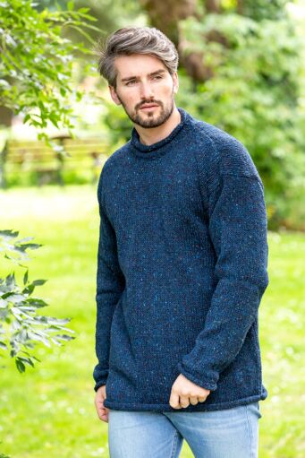 Mens Donegal Wool Roll Neck Sweater Navy