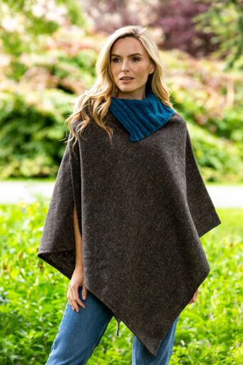 Made in Ireland Tweed Poncho with Collar Grey