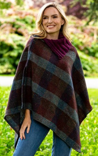 Tweed Poncho with purple collar - Made in Ireland