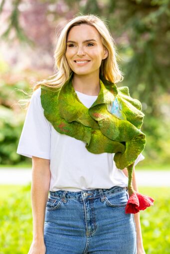 Handmade in Ireland Felt Wool Scarf with Flower Tie - Green