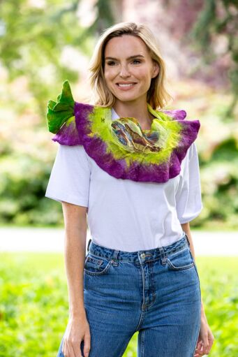 Handmade in Ireland Felt Wool Scarf with Flower Tie - Purple/ Green