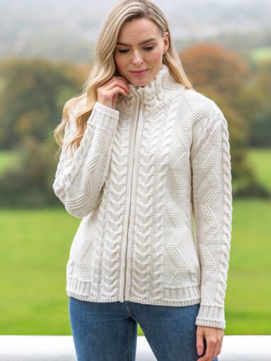 Ladies Aran Turtleneck Zip Natural 